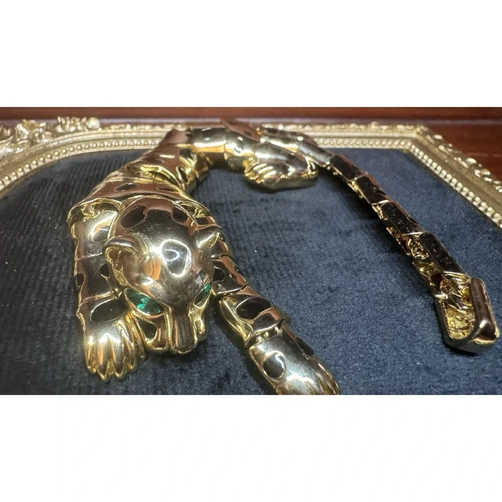 Vintage Articulated Panther Leopard Brooch Gold Tone Green Eyes Statement Jewelr
